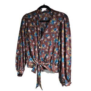 Zara Brown Silky Floral Button Up Tie Blouse Button Up Tie Waist Size Small